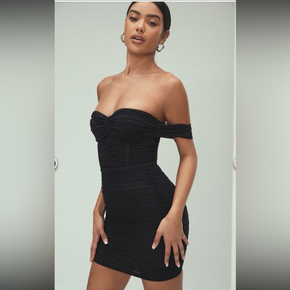 NWOT Mistress Rocks Black Ruched Mesh Bardot Dress. Size L